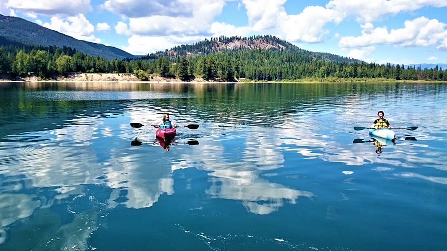 kayaking, river, summer, clouds, hills, blue skies, water, reflection HD wallpaper