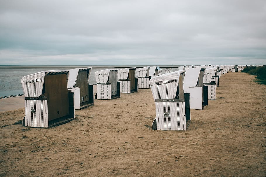 Empty strandkorb beach-chairs, landscape, beach Hut, sand, no People HD wallpaper