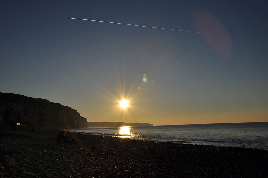 beach, cliff, pebble, normandy, water, france, landscape, ocean HD wallpaper