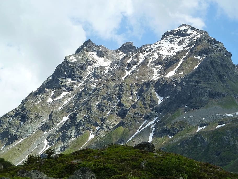 Snow, Mountain, Silvretta, Austria, summer, rock, cloud, nature HD wallpaper