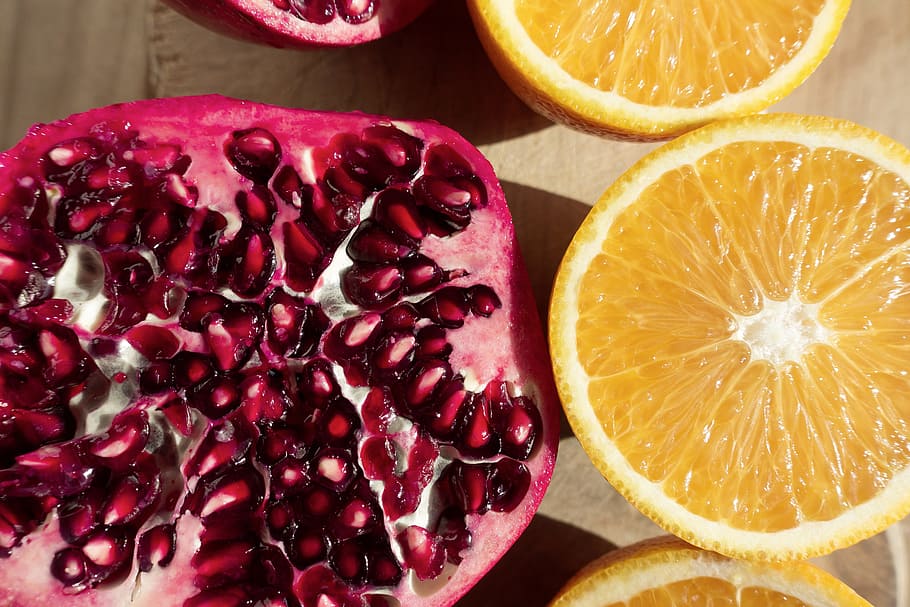 pomegranate, red, orange, fruit, sliced, delicious, healthy HD wallpaper