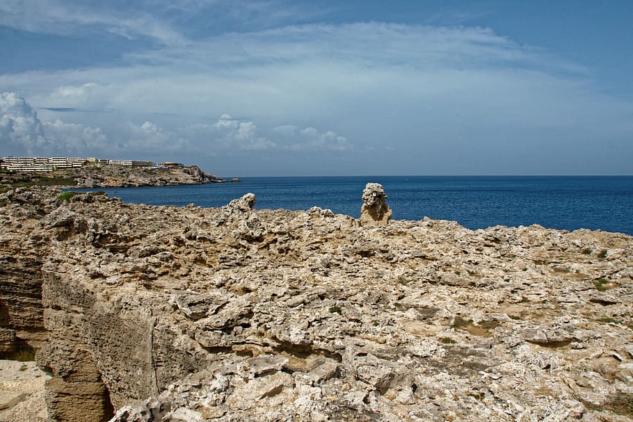 Stone, Rock, Cliffs, Greece, Rhodes, Sea, water, booked, sky HD wallpaper