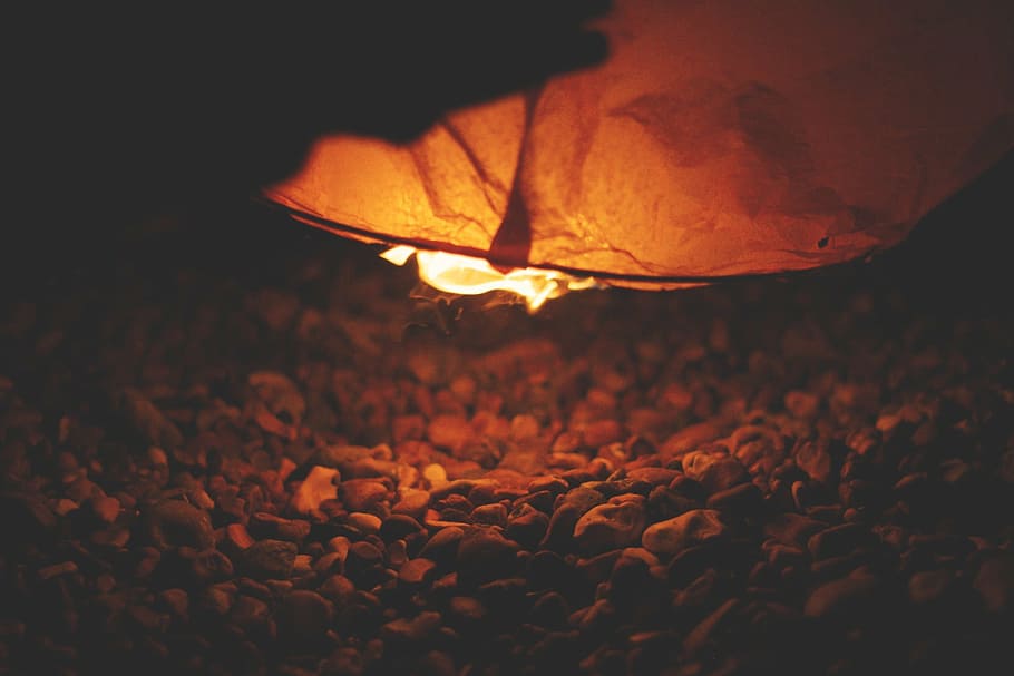 close-up photo of stone and leaf, fire, lantern, illustration