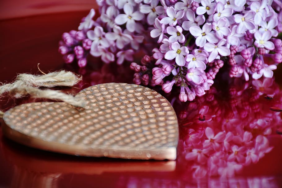 purple flower centerpiece near gold-colored heart pendant, lilac, HD wallpaper
