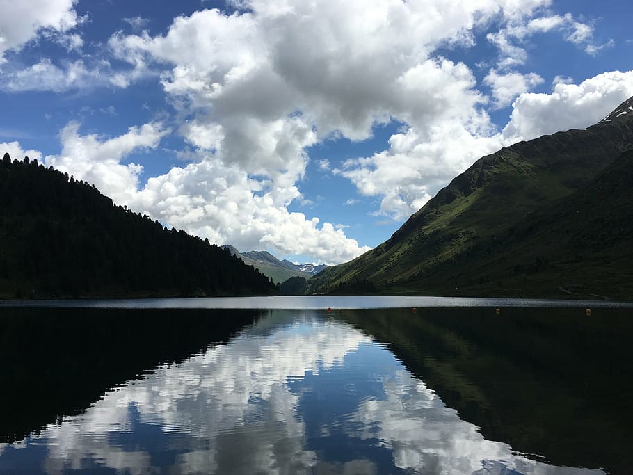 lake, clouds, mountains, sky, landscape, water, nature, mood HD wallpaper