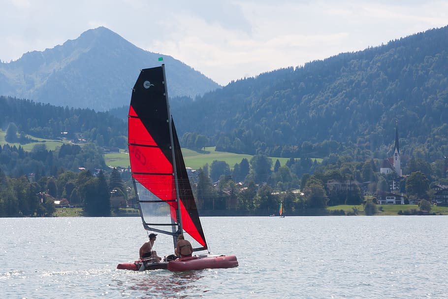 Catamaran, Ship, Boot, Sail, Red, Black, water, lake, mountains HD wallpaper