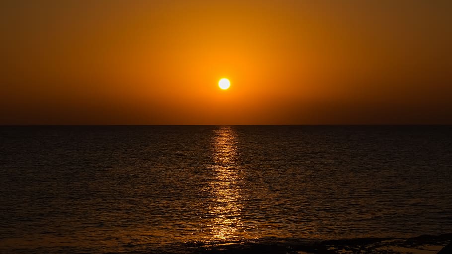 sunset, sea, dusk, evening, sky, nature, reflection, ayia napa HD wallpaper