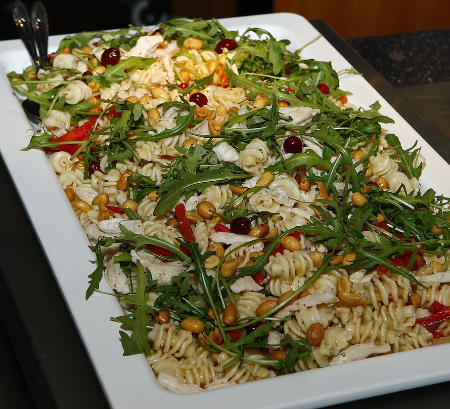 pasta salad, refreshments, rocket, peanuts, dining, food, pasta screws HD wallpaper