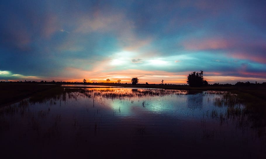 dawn, nature, sunset, water, calm, clouds, dusk, evening, farmland HD wallpaper