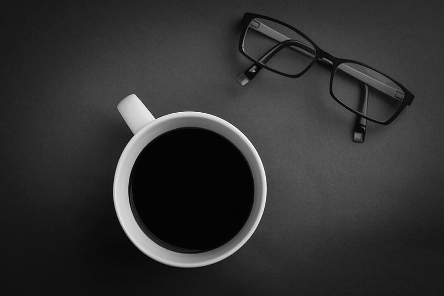 Download Hd Wallpaper Black Framed Eyeglasses Beside White Ceramic Mug Coffee Mockup Wallpaper Flare