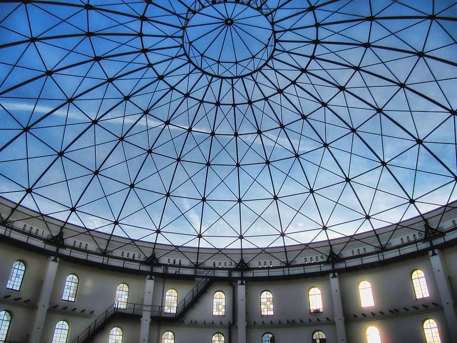 dome, sky, architecture, perspective, outlook, gasometer, leipzig, HD wallpaper