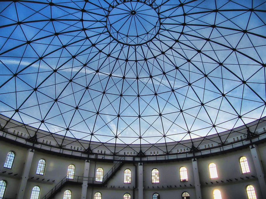 dome, sky, architecture, perspective, outlook, gasometer, leipzig HD wallpaper