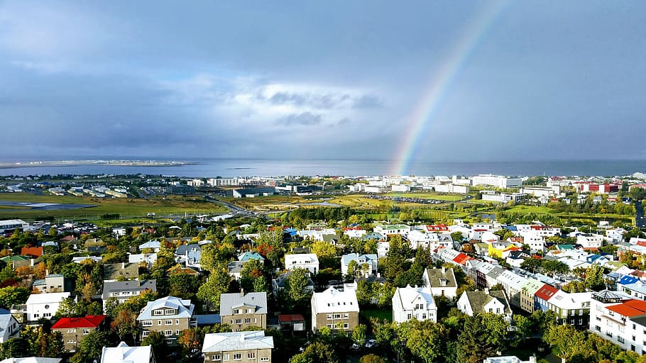 iceland, rainbow, landscape, view, reykjavik, houses, colors HD wallpaper