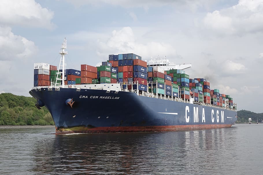 hamburg, port, elbe, container ship, water, cloud - sky, nautical vessel