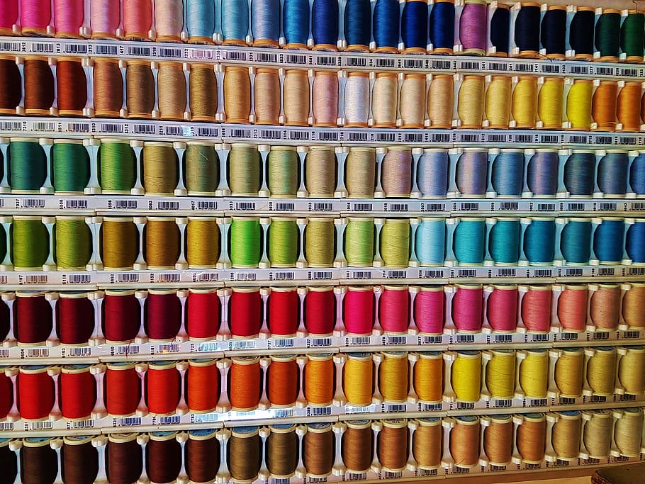 assorted-color thread spool lot on rack, sew, wire, sewing HD wallpaper