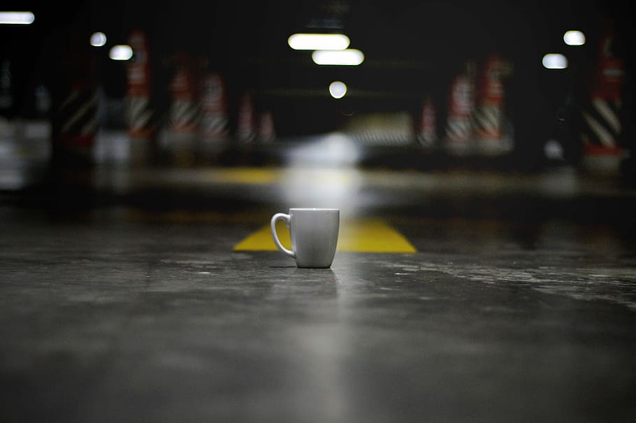 White Ceramic Coffee Cup on the ground, photos, garage, lights, HD wallpaper