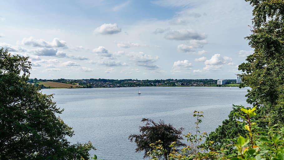 trees, sea, view, landscape, kolding, denmark, sailing ship HD wallpaper