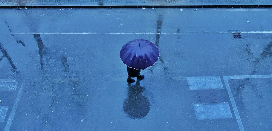 person walking on road with blue umbrella, aerial view, rain HD wallpaper