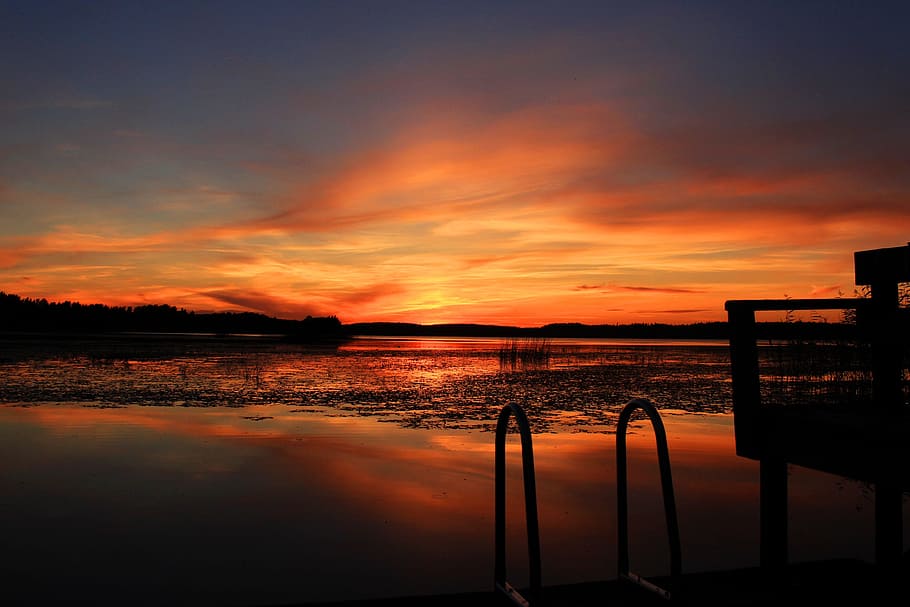 sunset, lake, water reflection, beautiful, nature, abendstimmung HD wallpaper