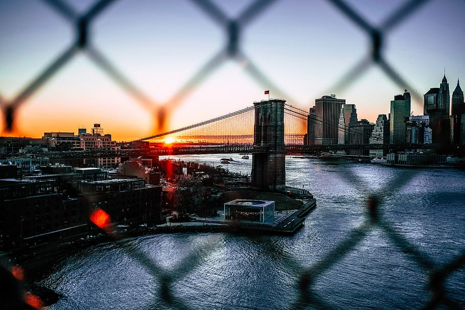 city buildings under sunset, untitled, bridge, river, cityscape HD wallpaper