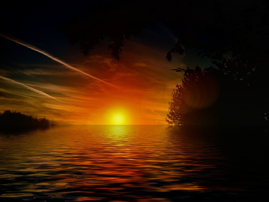 calm body of water at golden hour, sunset, lake, wave, sky HD wallpaper
