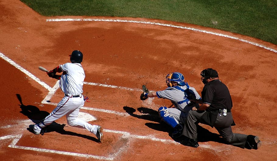 three person baseball on field, player, game, umpire, batter, HD wallpaper