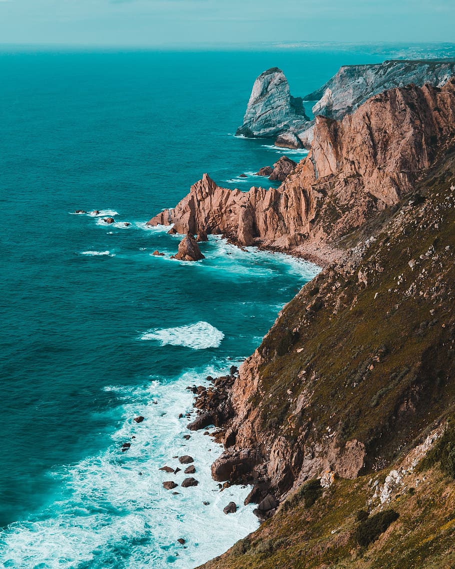 sea, ocean, blue, water, waves, rocks, coast, nature, hill HD wallpaper