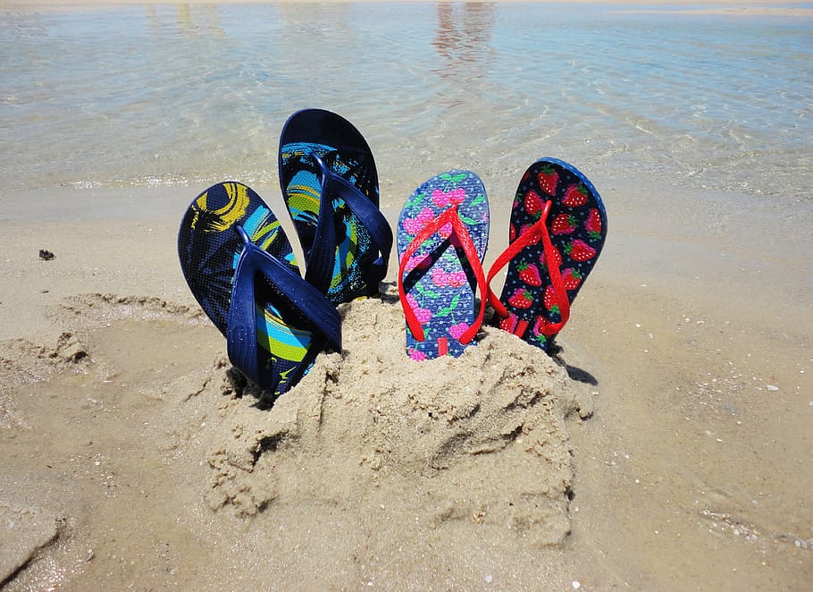 two pairs of blue and pink flip-flops on sand, Beach, Holidays