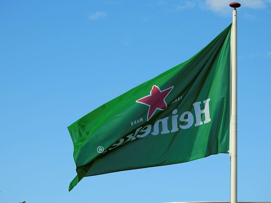 Flag, Flagpole, Heineken, Beer, Drink, alcohol, flutter, sky, HD wallpaper