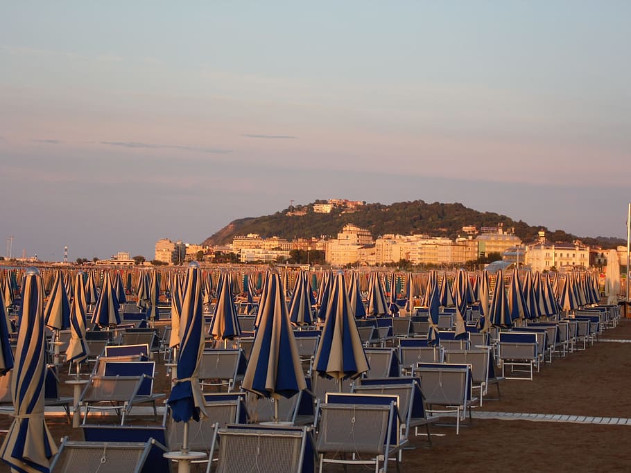 beach, italy, catholica, sky, water, in a row, sea, nature HD wallpaper