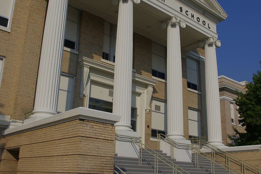 high school, junior high, columns, steps, entrance, arc, architecture HD wallpaper