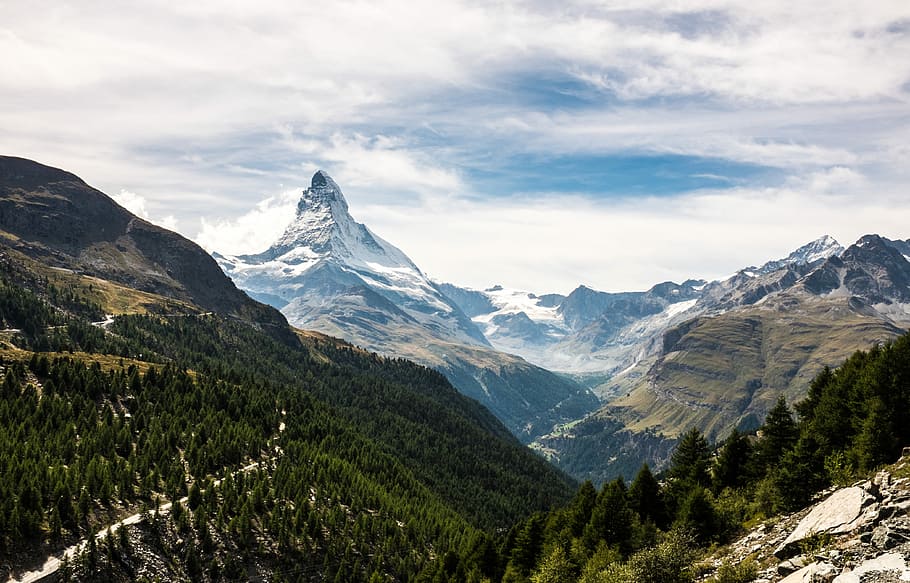mountains and trees during daytime, Matterhorn, Switzerland, forest, HD wallpaper