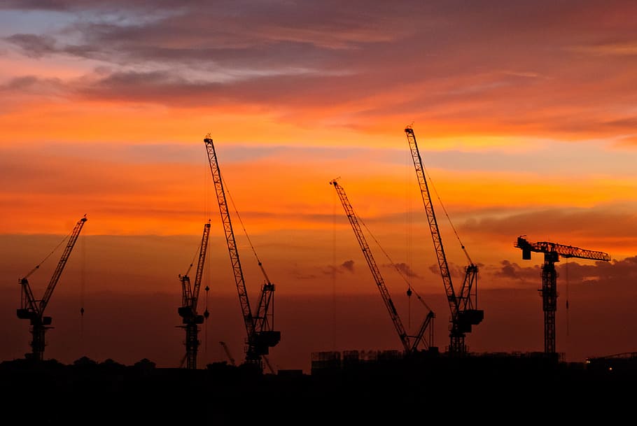 cranes, tower crane, industry, sunset, twilight, construction HD wallpaper