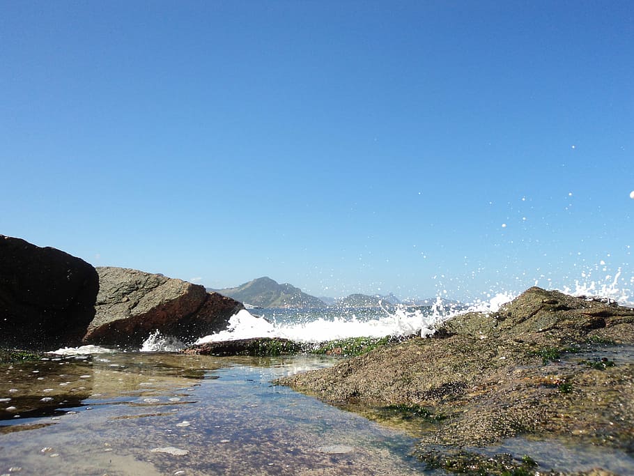 Rock, Beach, Paradise, Wave, mar, blue, holidays, water, nature HD wallpaper