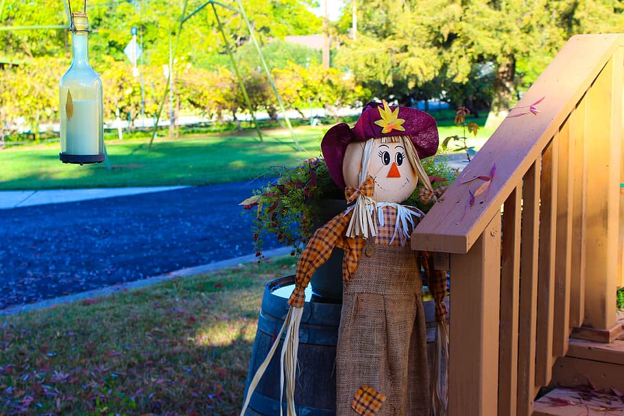 Scarecrow, Yard, Decor, Beautiful, happy, autumn, outside, one person HD wallpaper