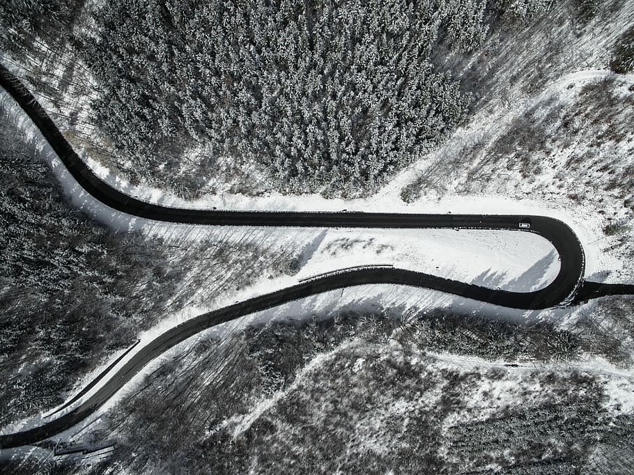 bird's-eye view photography of road, aerial shot photo of asphalt road HD wallpaper