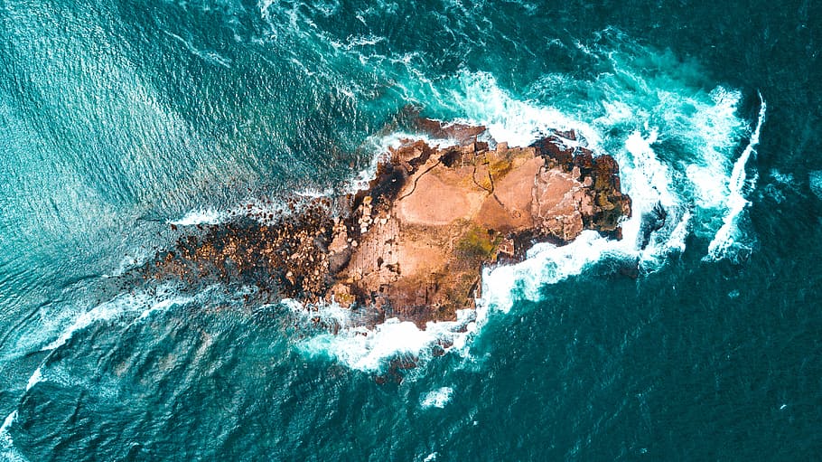 top view of rocky small island, aerial view of island, sea, ocean