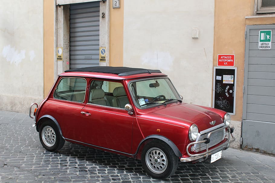auto, machine, red, small, mode of transportation, architecture HD wallpaper