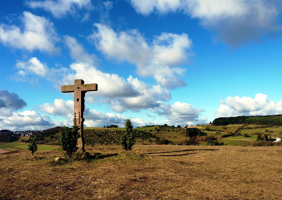 Cross, Hill, Clouds, Forest, cloud - sky, religion, field, grave HD wallpaper
