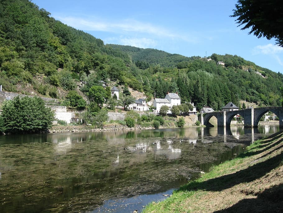 Village, Mountains, River, Water, Bridge, scenic, france, aveyron, HD wallpaper
