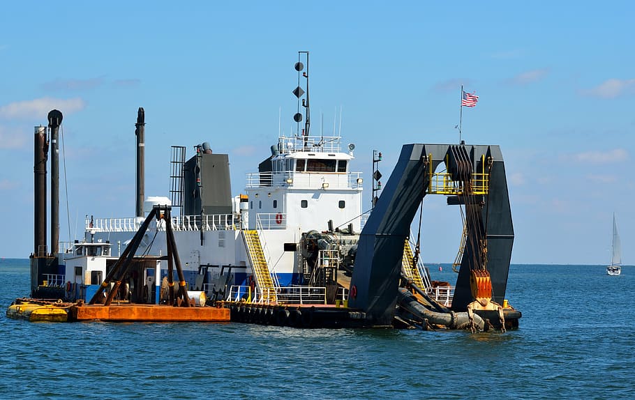 white and gray oil drilling machine in sea, dredger, boat, business, HD wallpaper