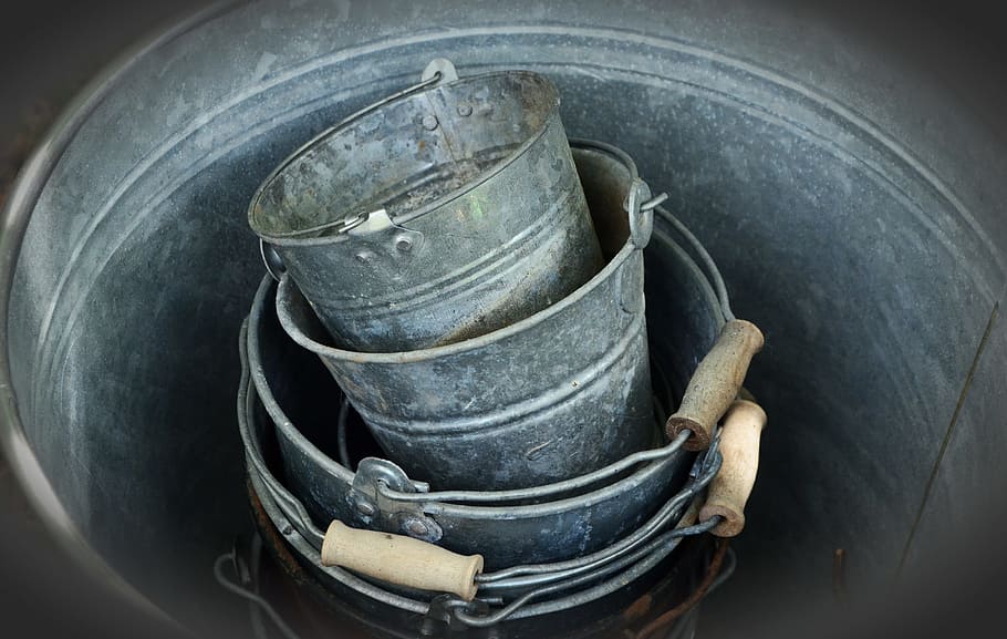 gray metal buckets, Sheet, Metal, Old, Stack, Vessels, garden HD wallpaper