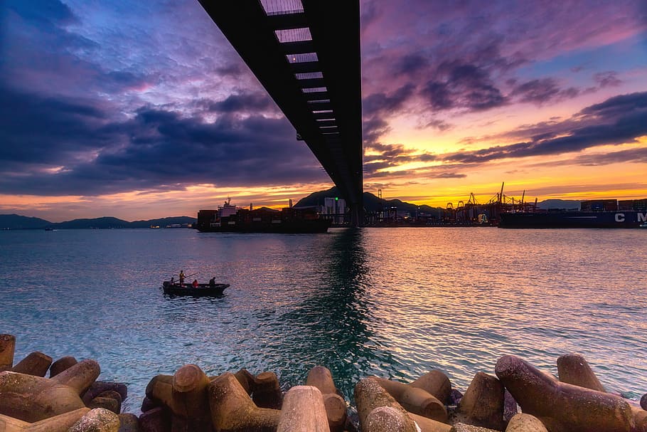 bridge above body of water during golden hour, Construction, Sunset, HD wallpaper