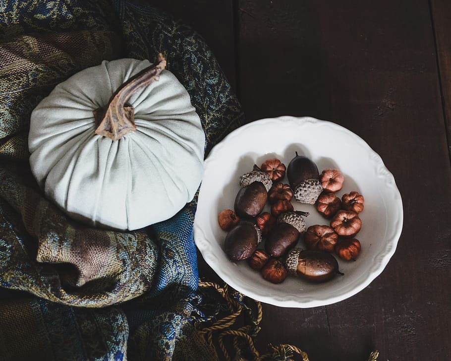 fabric pumpkin, from above, soft, texture, fabric pattern, acorns HD wallpaper