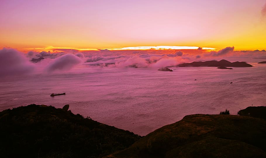 sunset, the sea, shoals, silhouette, high contrast, sky, landscape HD wallpaper