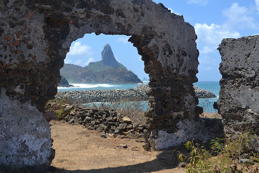 noronha, pernambuco, morro do pico, water, sea, rock, rock - object HD wallpaper