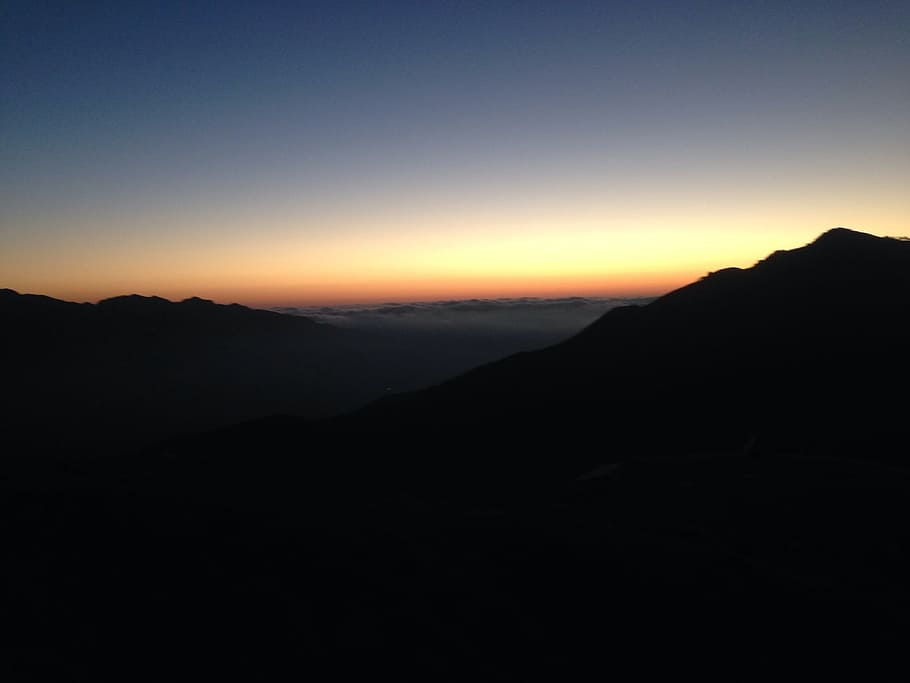 sky, sunset, landscape, dusk, mountain, nature, moon, silhouette HD wallpaper