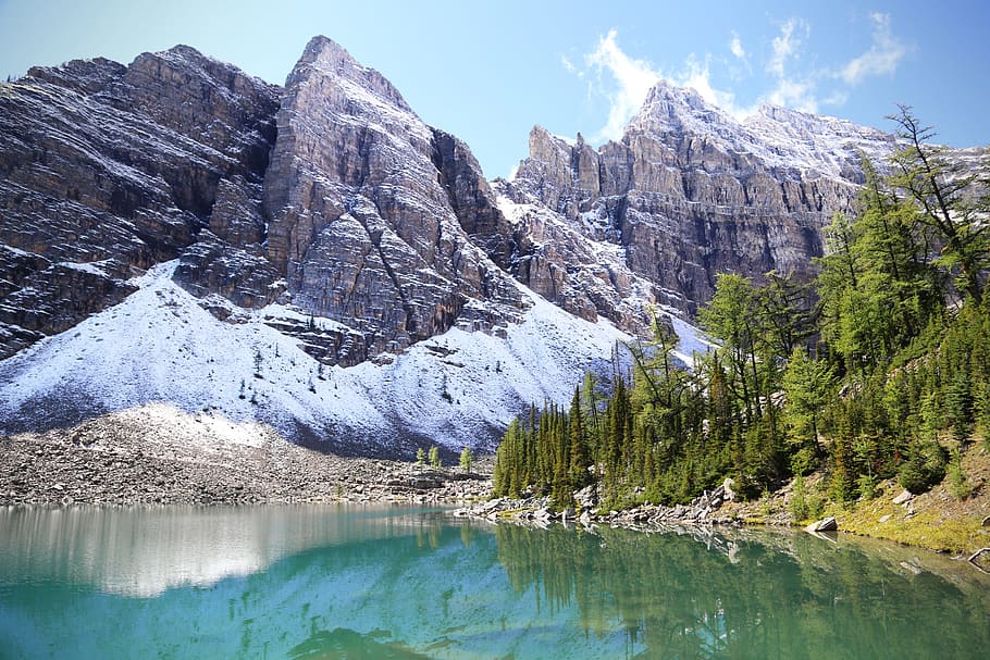 body of water beside mountain, canada, lake, agnes, alberta HD wallpaper