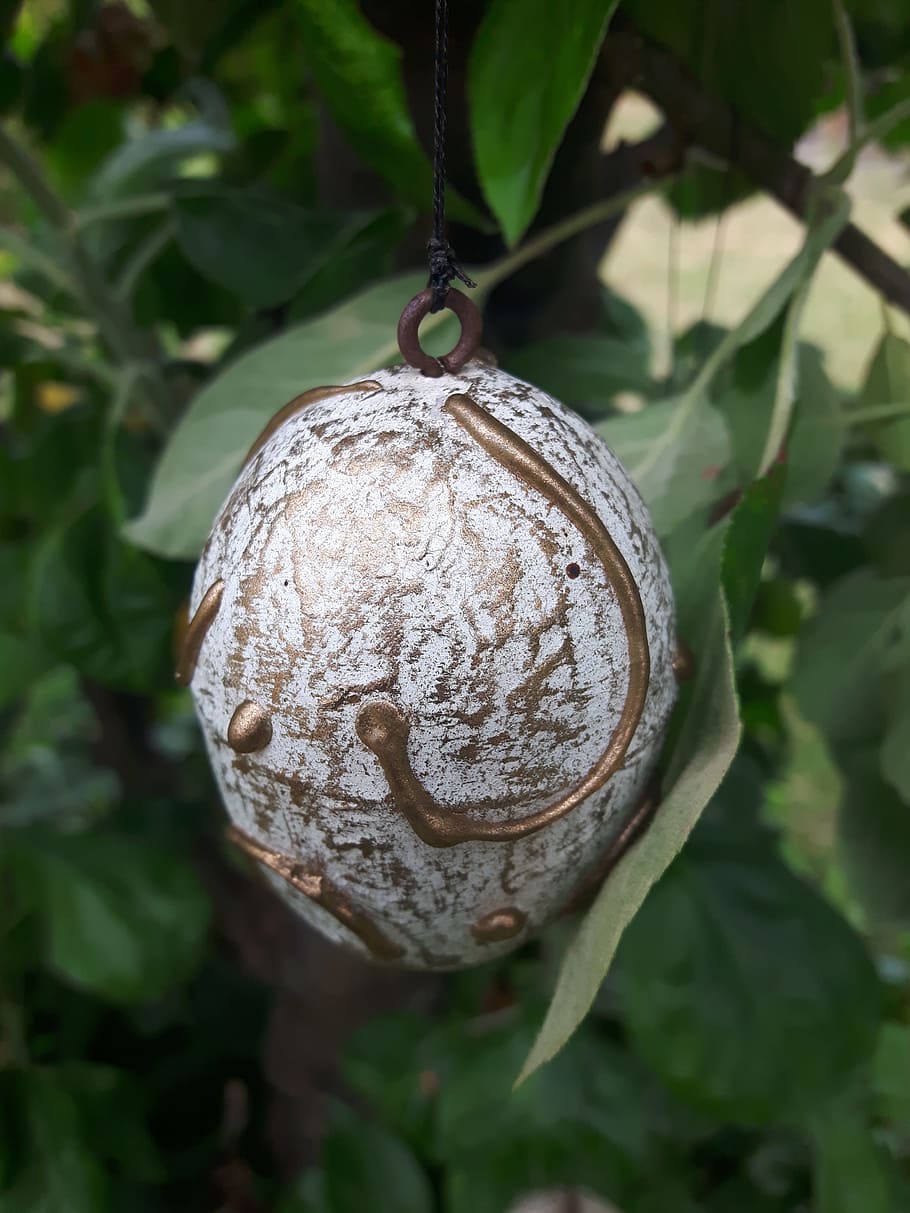 easter egg, tree, garden, close-up, plant, leaf, focus on foreground HD wallpaper
