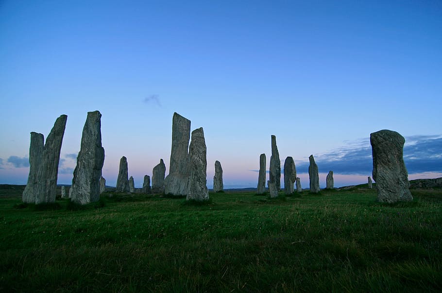 landscape photography of stones, green, grass, highland, rocks HD wallpaper